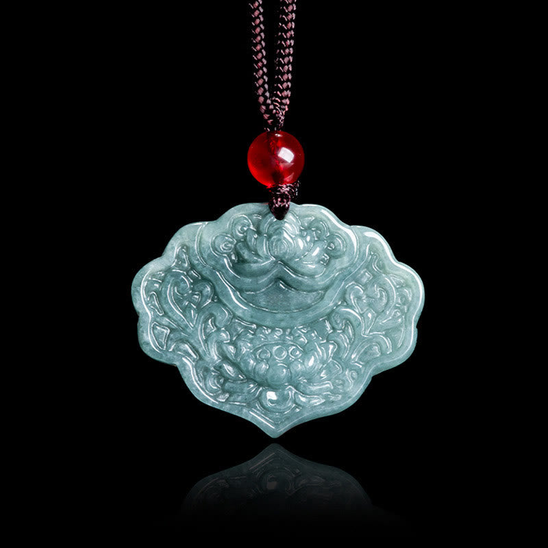 Buddha Stones Wzór Lotosu Rzeźbiony Jadeit Obfitość Dobrobyt Naszyjnik Wisiorek Lina