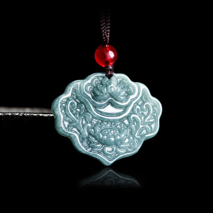 Buddha Stones Wzór Lotosu Rzeźbiony Jadeit Obfitość Dobrobyt Naszyjnik Wisiorek Lina