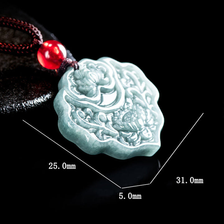 Buddha Stones Wzór Lotosu Rzeźbiony Jadeit Obfitość Dobrobyt Naszyjnik Wisiorek Lina