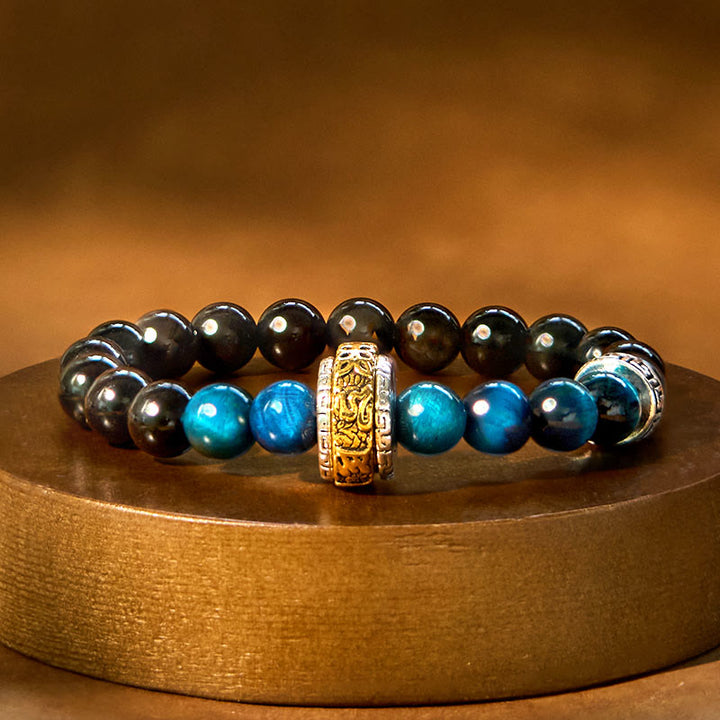 Bransoletka ochronna Buddha Stones Silver Sheen z obsydianu i niebieskiego tygrysiego oka