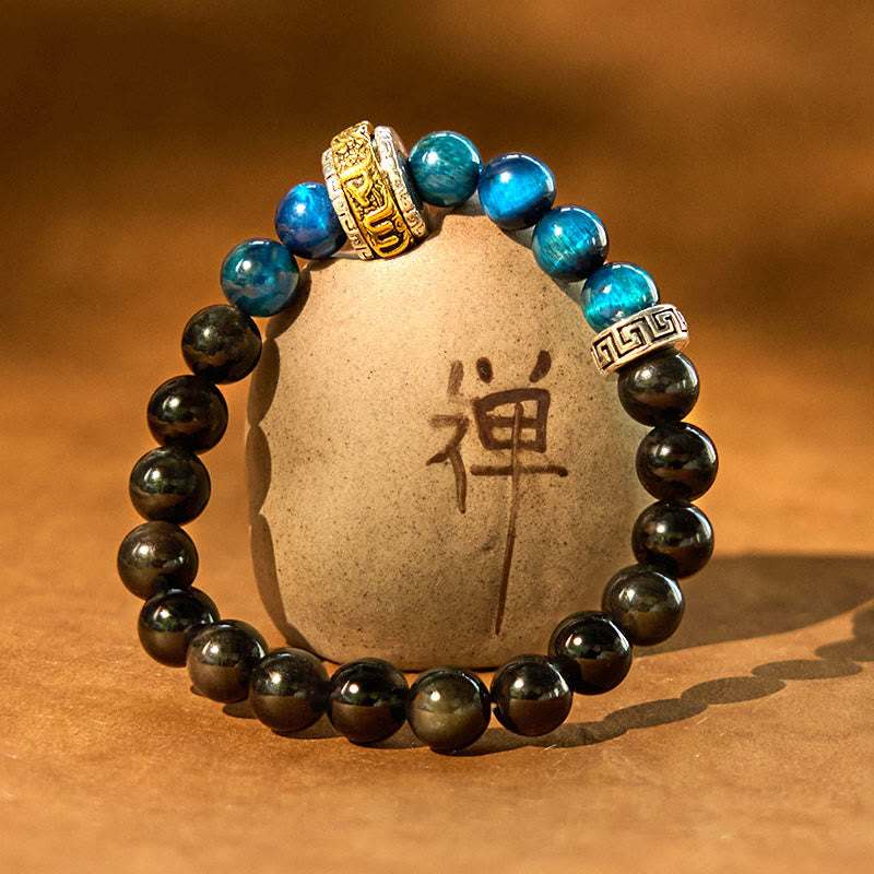 Bransoletka ochronna Buddha Stones Silver Sheen z obsydianu i niebieskiego tygrysiego oka