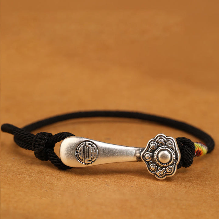 Buddha Stones 999 srebro próby 925 Ruyi Stick String Protection Bransoletka pleciona - Czarna lina - 19-21 cm - image 8