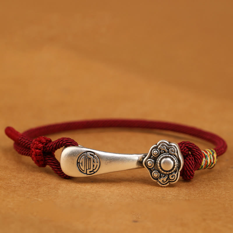 Buddha Stones 999 srebro próby 925 Ruyi Stick String Protection Bransoletka pleciona - Ciemnoczerwona lina - 19-21 cm - image 1