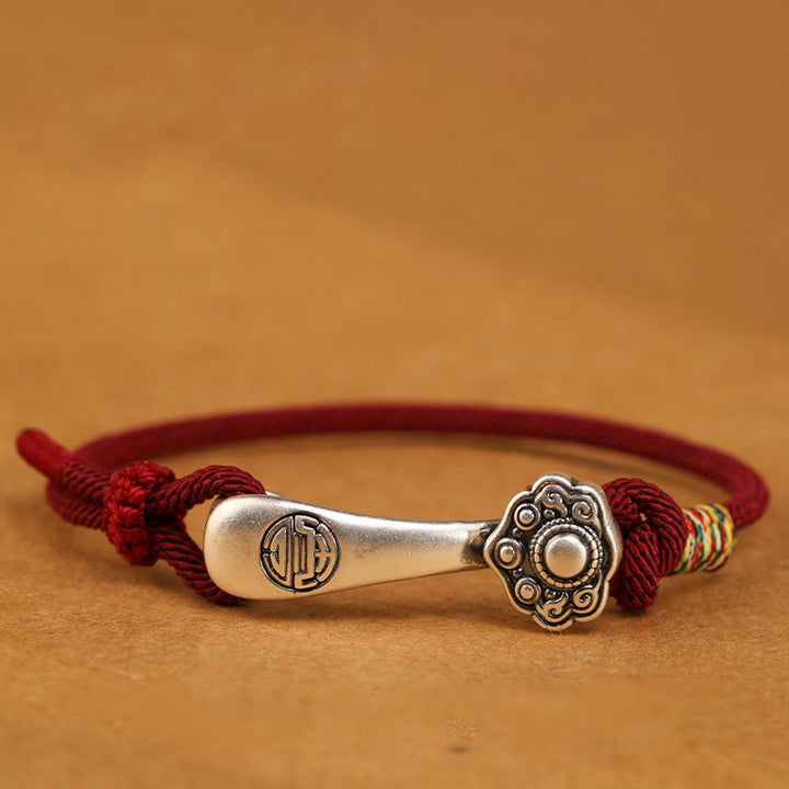 Buddha Stones 999 srebro próby 925 Ruyi Stick String Protection Bransoletka pleciona - Ciemnoczerwona lina - 19-21 cm - image 1