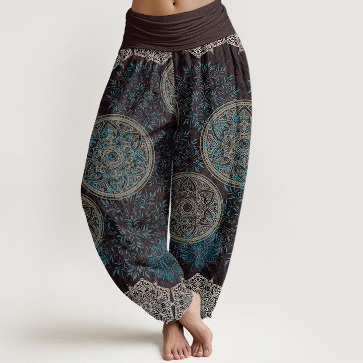 Spodnie haremowe damskie z elastyczną talią i bawełnianą lamówką w kształcie Buddha Stones z motywem mandali - Brązowy - US22, UK/AU26, EU54 (6XL) - image 0
