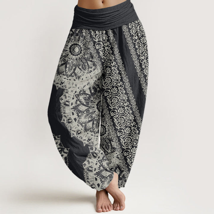 Damskie spodnie haremowe z elastyczną talią i bawełnianym wzorem mandali z Buddha Stones i równoległymi kwiatami - DimGray - US22, UK/AU26, EU54 (6XL) - image 0