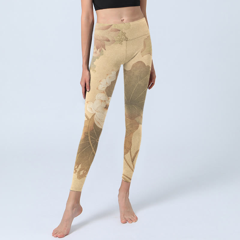 Buddha Stones Lotosu Liście Nadruk Legginsy Siłownia Damskie Spodnie Do Jogi - image 5