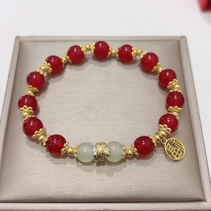 Buddha Stones Czerwony Agat Jadeit Fu Charakter Bransoletka Rok Węża Spokój