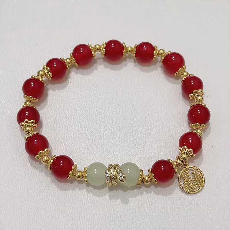 Buddha Stones Czerwony Agat Jadeit Fu Charakter Bransoletka Rok Węża Spokój