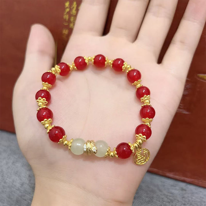 Buddha Stones Czerwony Agat Jadeit Fu Charakter Bransoletka Rok Węża Spokój