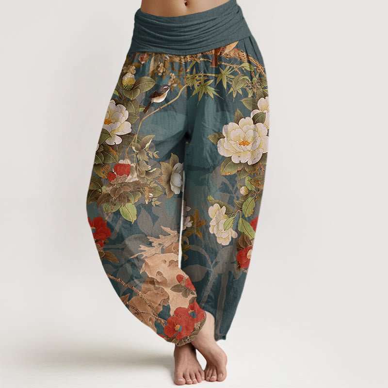 Buddha Stones haremowe damskie z elastyczną talią i bawełnianymi, swobodnymi kwiatami piwonii i liśćmi sroki - Cyraneczka - US22, UK/AU26, EU54 (6XL) - image 0