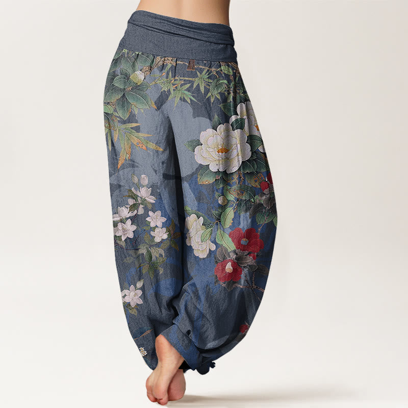 Buddha Stones haremowe damskie z elastyczną talią i bawełnianymi, swobodnymi kwiatami piwonii i liśćmi sroki - image 9