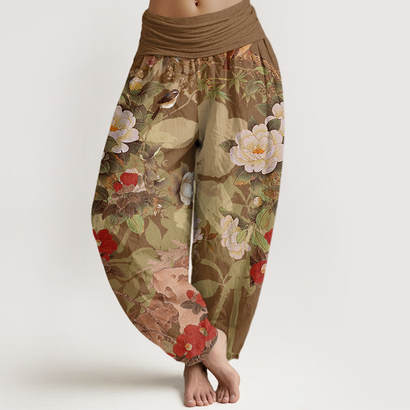 Buddha Stones haremowe damskie z elastyczną talią i bawełnianymi, swobodnymi kwiatami piwonii i liśćmi sroki - DarkGoldenrod - US22, UK/AU26, EU54 (6XL) - image 4