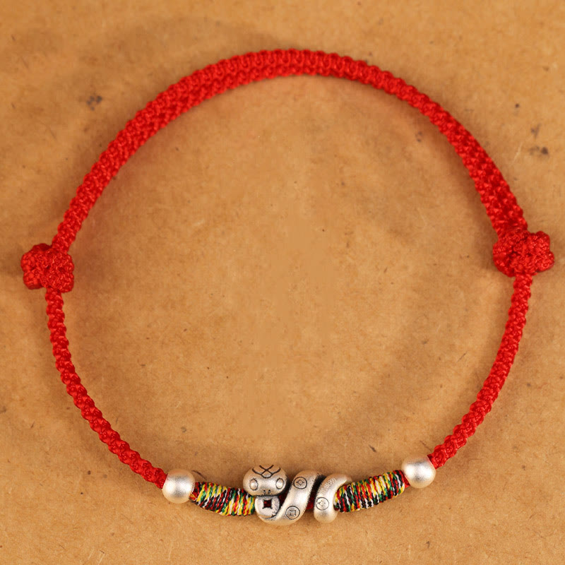 Buddha Stones Czerwony Sznur 999 Srebro Sterling Bransoletka na Kostkę Rok Węża