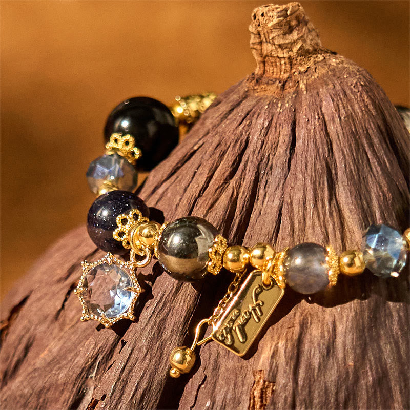 Bransoletka Buddha Stones Natural Black Obsidian Hematyt Blue Sandstone Strength