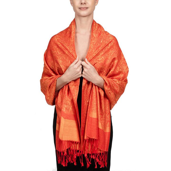 Buddha Stones Tybetańskie Orzechy Nerkowca Żakardowe Chwosty Szal Wiosna Jesień Zima Ciepły Przytulny Szalik Otulacz - Ciemnopomarańczowy 180*70cm - image 27