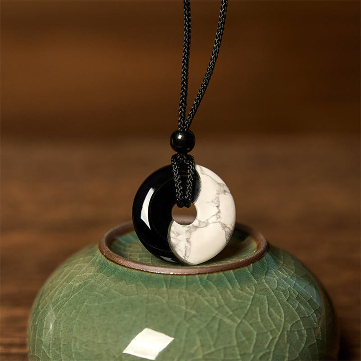 Buddha Stones Naturalny Czarny Obsydian Biały Turkus Yin Yang Pokój Klamra Projekt Pleciony Sznurek Siła Naszyjnik Wisiorek