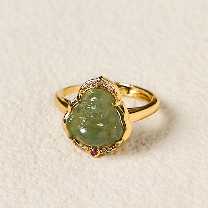 Buddha Stones Naturalny Jadeit Hetian Jajko Tykwa Miedź Śmiejący się Budda Otwarty Pierścień Szczęścia