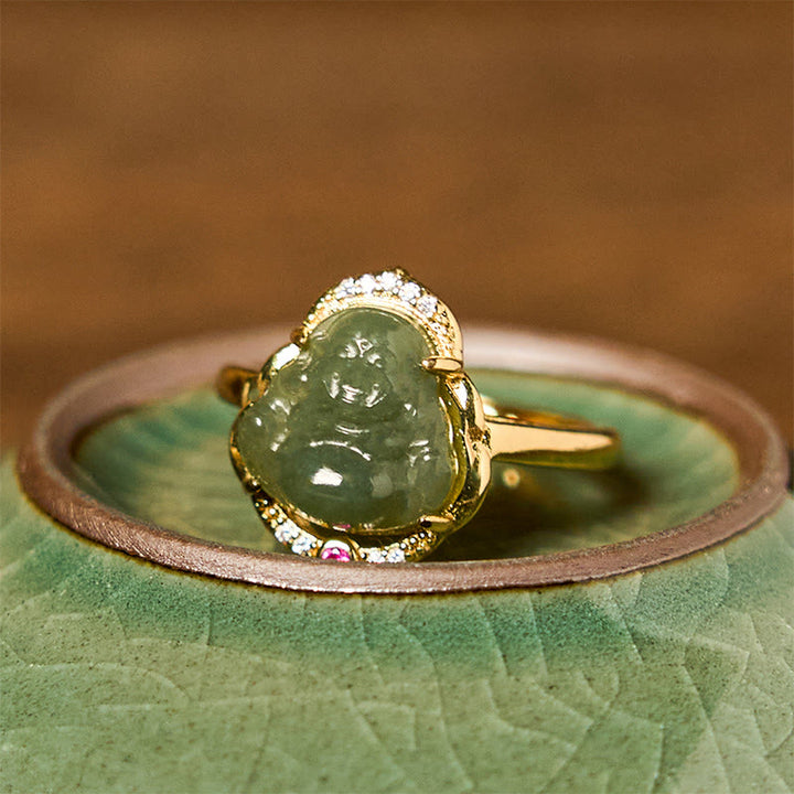 Buddha Stones Naturalny Jadeit Hetian Jajko Tykwa Miedź Śmiejący się Budda Otwarty Pierścień Szczęścia