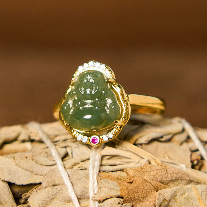 Buddha Stones Naturalny Jadeit Hetian Jajko Tykwa Miedź Śmiejący się Budda Otwarty Pierścień Szczęścia