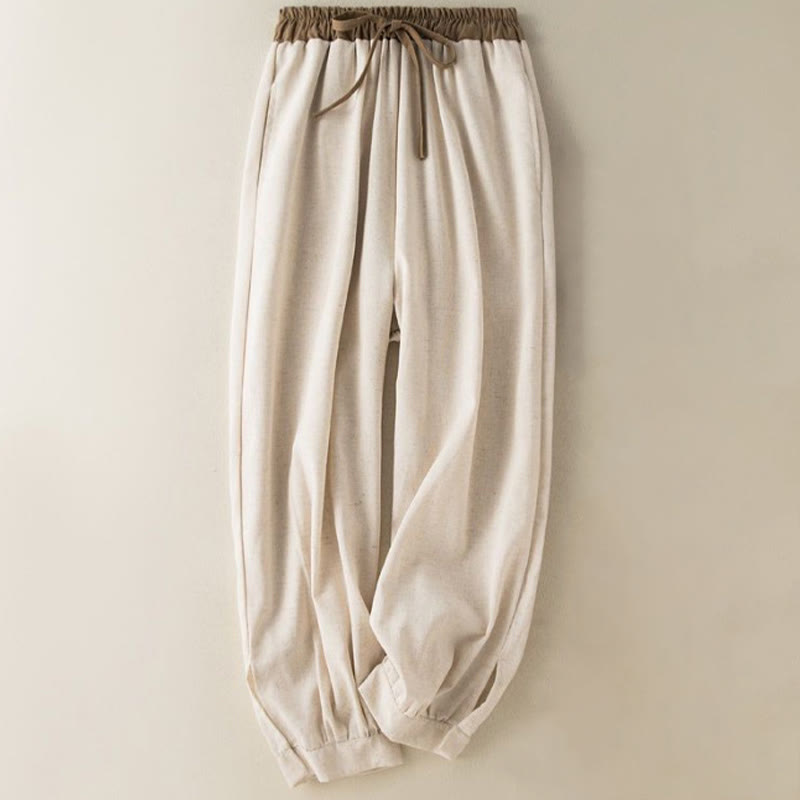 Spodnie haremowe damskie Buddha Stones Plain Cotton Drawstring z kieszeniami - Beżowy - US16, UK/AU20, EU48 (3XL) - image 0