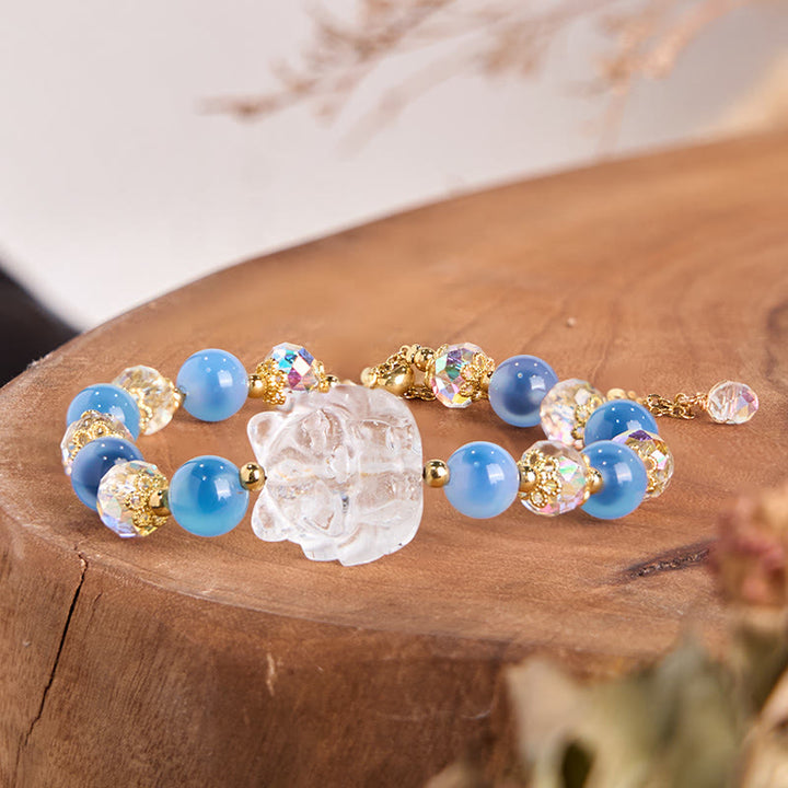 Buddha Stones Naturalny Niebieski Agat Cukierkowy Biały Kryształ Bransoletka Harmonia Dziewięcioogoniasty Lis