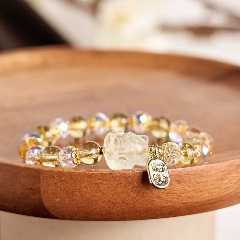 Buddha Stones Naturalny Cytryn Biały Kryształ Dziewięcioogonowy Lis Przyciągający Bogactwo Bransoletka Energetyczna