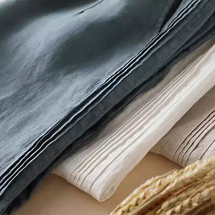 Spodnie damskie z szerokimi nogawkami Buddha Stones w jednolitym kolorze z zakładkami z boku, bawełniane i lniane, z kieszeniami - image 1