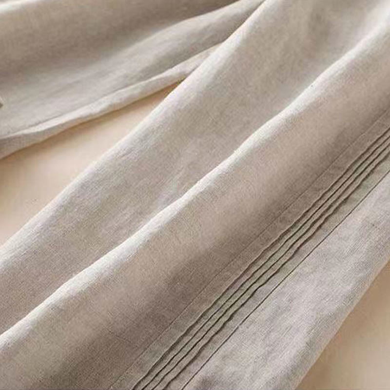 Spodnie damskie z szerokimi nogawkami Buddha Stones w jednolitym kolorze z zakładkami z boku, bawełniane i lniane, z kieszeniami - image 3