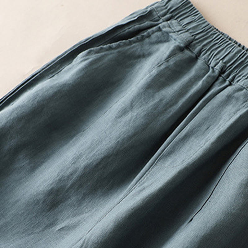 Spodnie damskie z szerokimi nogawkami Buddha Stones w jednolitym kolorze z zakładkami z boku, bawełniane i lniane, z kieszeniami - image 8