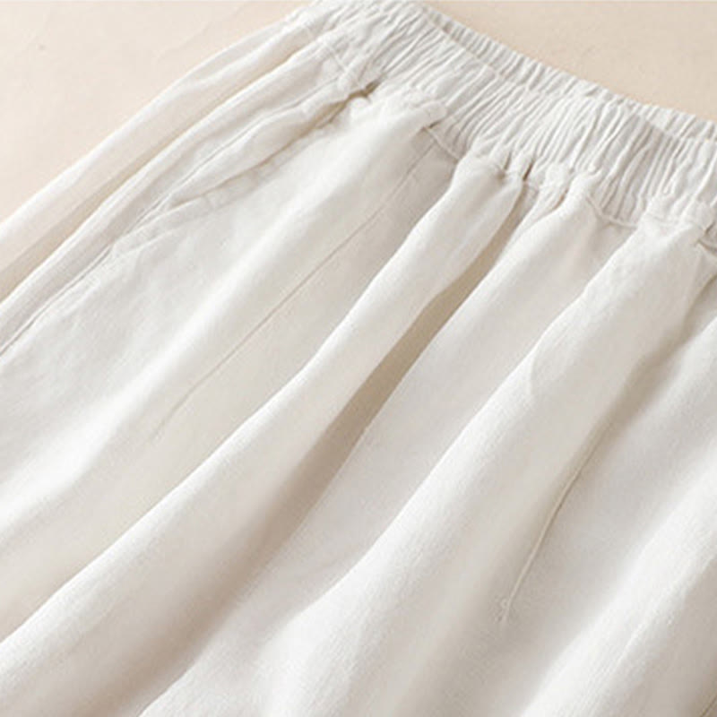 Spodnie damskie z szerokimi nogawkami Buddha Stones w jednolitym kolorze z zakładkami z boku, bawełniane i lniane, z kieszeniami - image 14