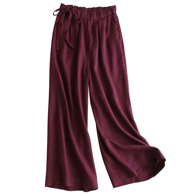 Spodnie damskie z szerokimi nogawkami Buddha Stones Casual Plain Color Lace-up Cotton Linen - image 21