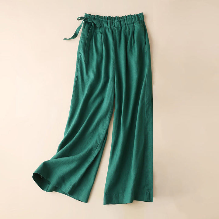 Spodnie damskie z szerokimi nogawkami Buddha Stones Casual Plain Color Lace-up Cotton Linen - SeaGreen - US12, UK/AU16, EU44 (3XL) - image 9