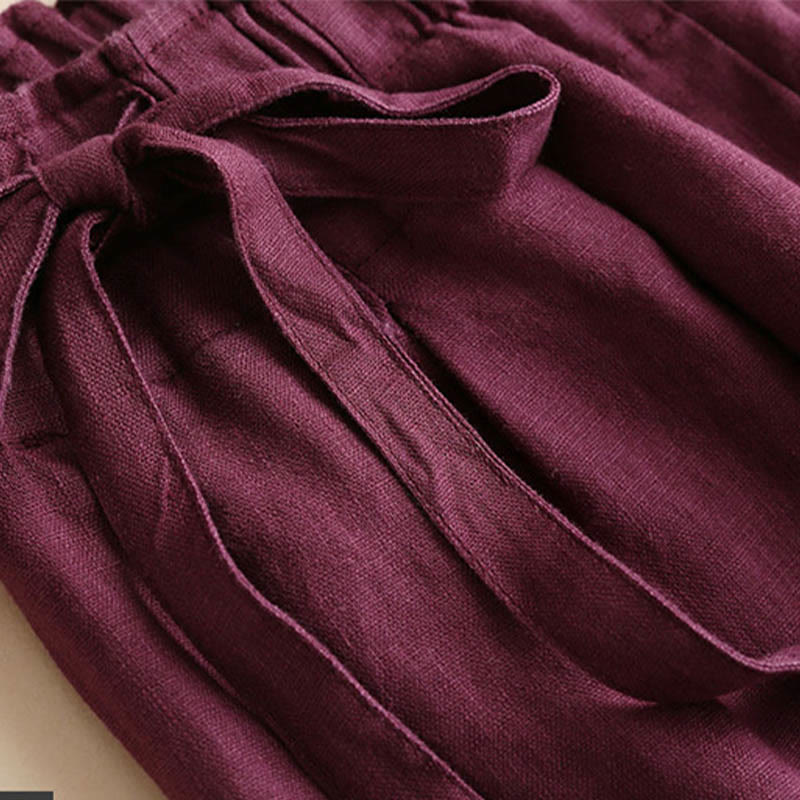 Spodnie damskie z szerokimi nogawkami Buddha Stones Casual Plain Color Lace-up Cotton Linen - image 15