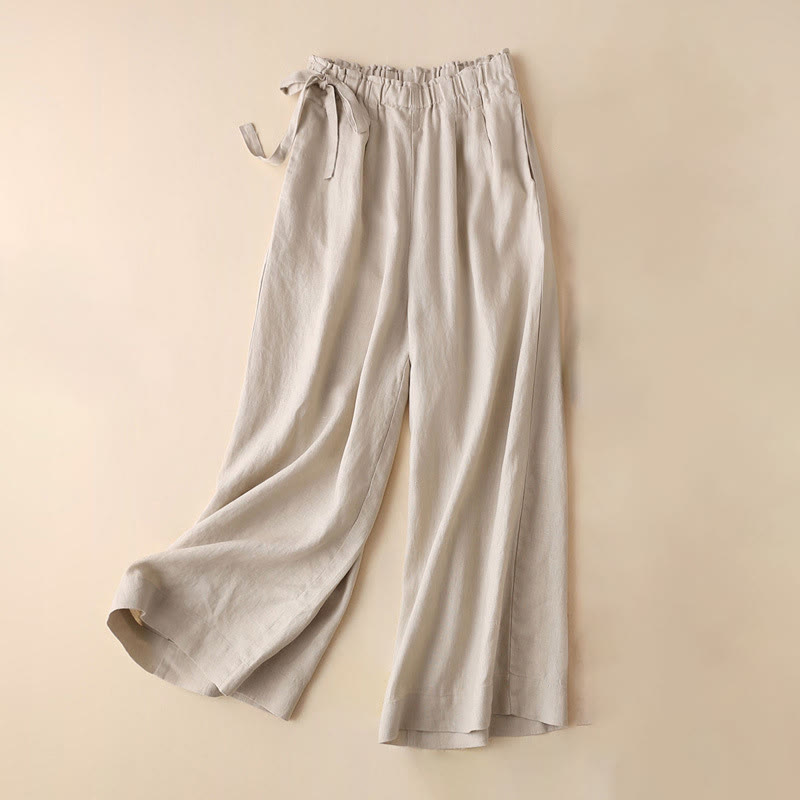 Spodnie damskie z szerokimi nogawkami Buddha Stones Casual Plain Color Lace-up Cotton Linen - Beżowy - US12, UK/AU16, EU44 (3XL) - image 22