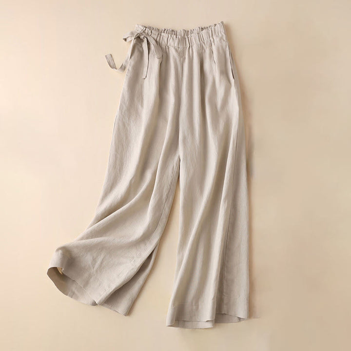 Spodnie damskie z szerokimi nogawkami Buddha Stones Casual Plain Color Lace-up Cotton Linen - Beżowy - US12, UK/AU16, EU44 (3XL) - image 22