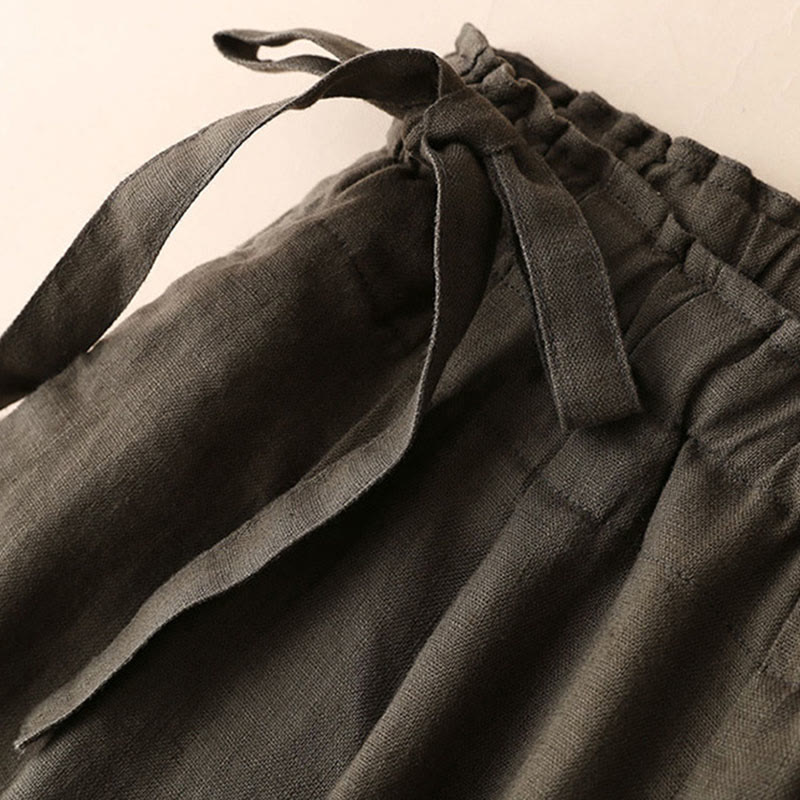 Spodnie damskie z szerokimi nogawkami Buddha Stones Casual Plain Color Lace-up Cotton Linen - image 29