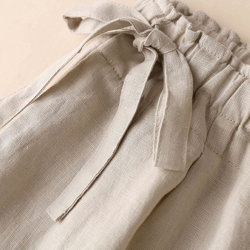 Spodnie damskie z szerokimi nogawkami Buddha Stones Casual Plain Color Lace-up Cotton Linen - image 23