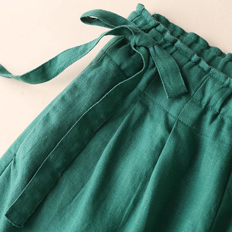 Spodnie damskie z szerokimi nogawkami Buddha Stones Casual Plain Color Lace-up Cotton Linen - image 10