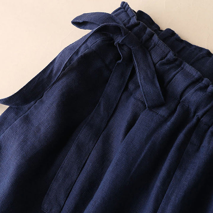 Spodnie damskie z szerokimi nogawkami Buddha Stones Casual Plain Color Lace-up Cotton Linen - image 7