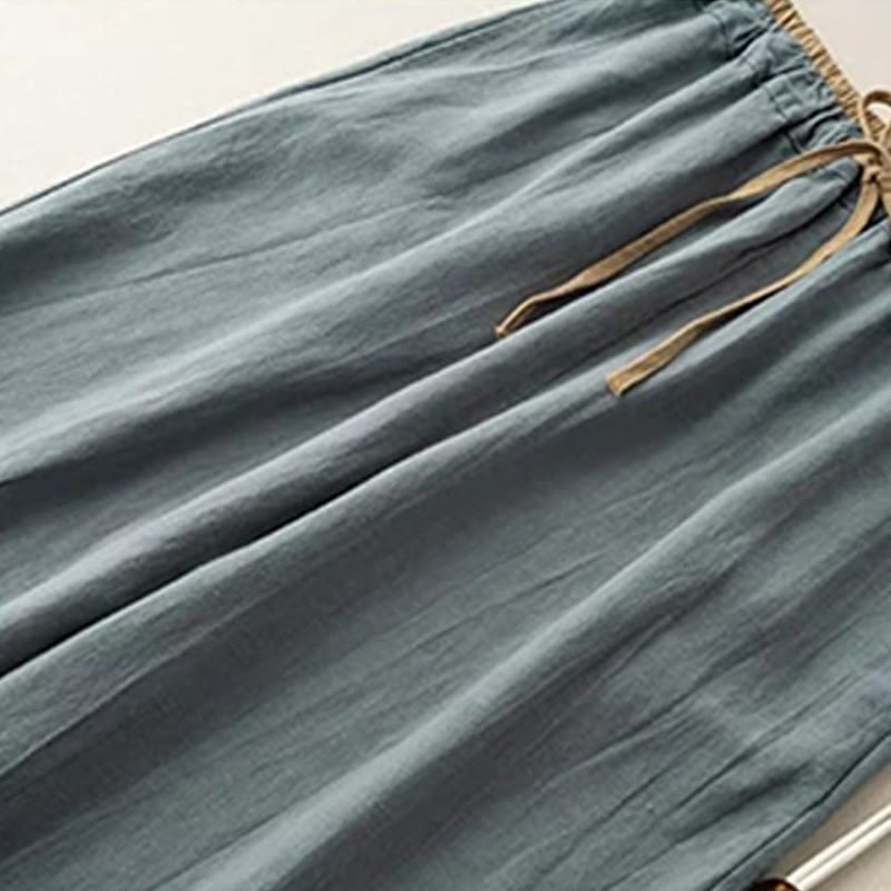 Buddha Stones Casual Jednokolorowe Bawełniane Lniane Spodnie Damskie Z Sznurkiem Z Kieszeniami - image 1