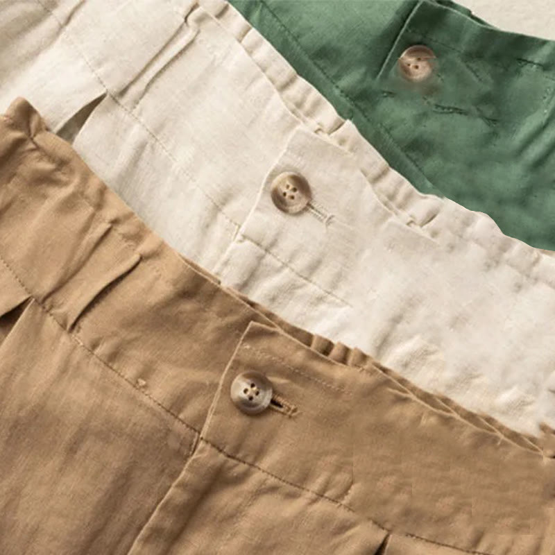 Buddha Stones Casual Jednokolorowe Guziki Zamek Błyskawiczny Bawełna Lniane Damskie Szorty Z Kieszeniami - image 1