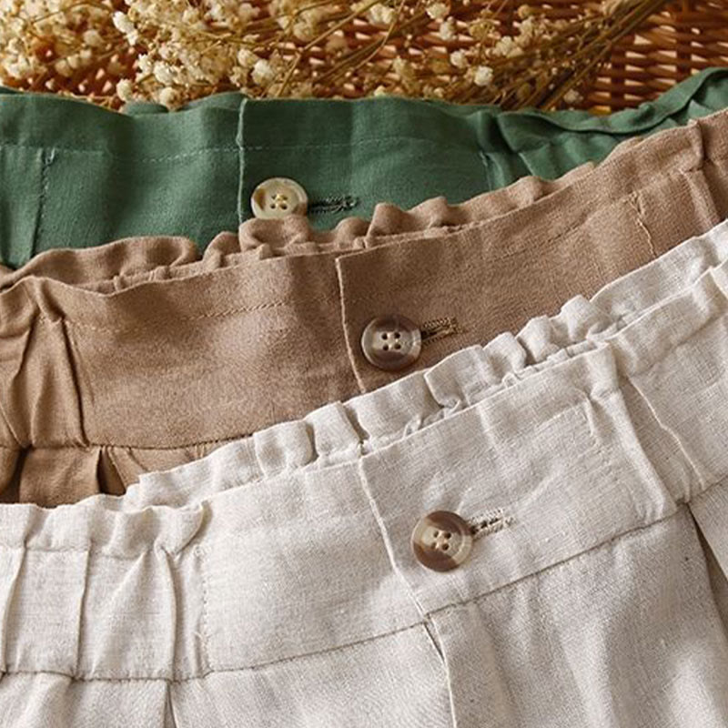 Buddha Stones Jednokolorowe Plisowane Zamki Błyskawiczne Guziki Bawełniane Lniane Damskie Szorty Z Kieszeniami - image 23