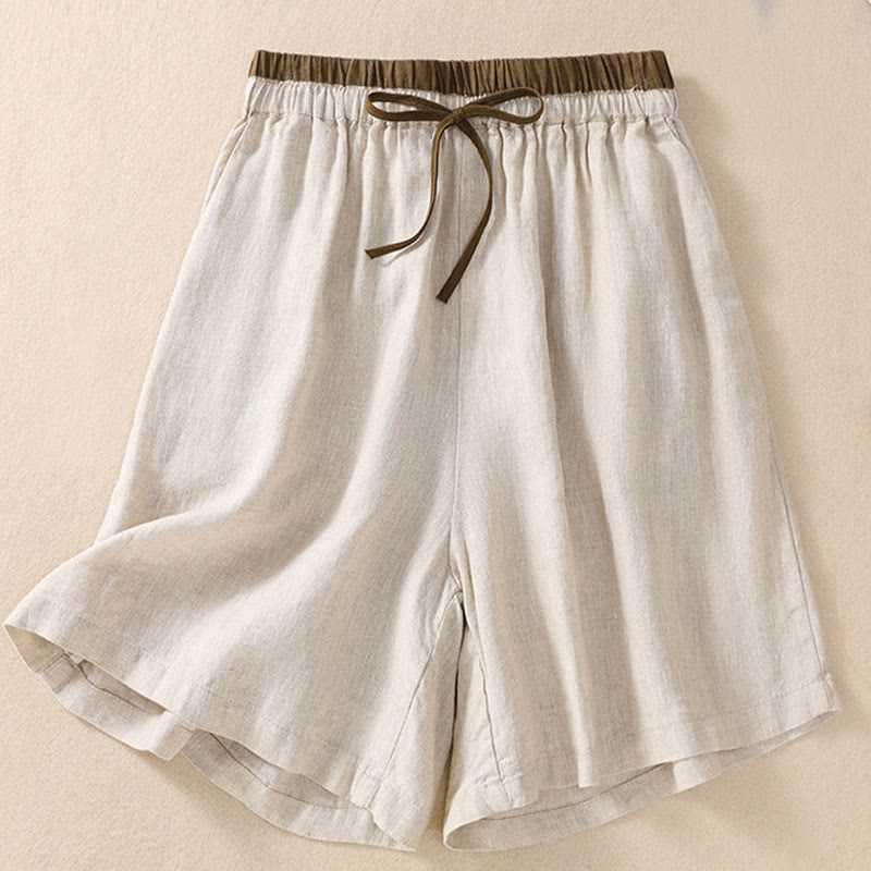 Buddha Stones Jednolity kolor Kontrastowy kolor Pas Sznurowane Damskie szorty Bawełniane Lniane Z Kieszeniami - Beżowy - US8-10，UK/AU12-14，EU40-42 (2XL) - image 3