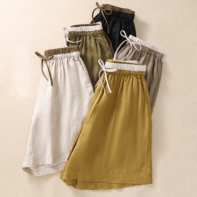 Buddha Stones Jednolity kolor Kontrastowy kolor Pas Sznurowane Damskie szorty Bawełniane Lniane Z Kieszeniami - image 22
