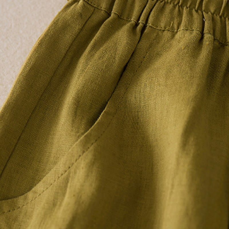 Szorty damskie Buddha Stones Casual Solid Plain Color Cotton Linen z kieszeniami