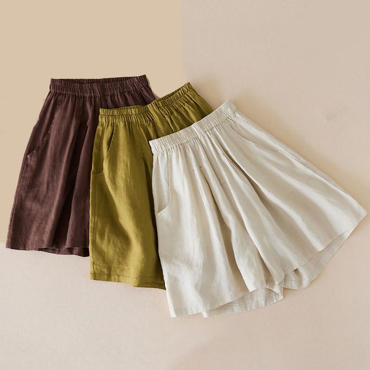 Szorty damskie Buddha Stones Casual Solid Plain Color Cotton Linen z kieszeniami