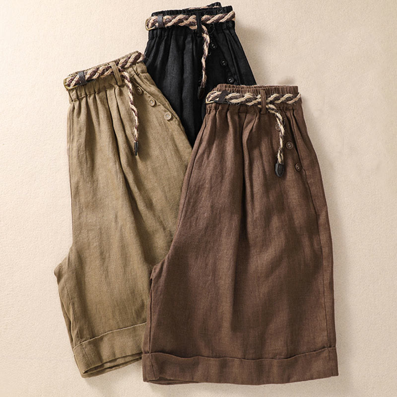 Buddha Stones Casual Jednokolorowe Podwinięte Mankiety Pasek Bawełniano-lniane Damskie Szorty Z Kieszeniami - image 18
