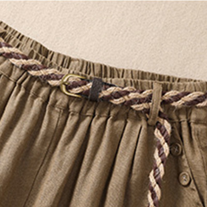 Buddha Stones Casual Jednokolorowe Podwinięte Mankiety Pasek Bawełniano-lniane Damskie Szorty Z Kieszeniami - image 3