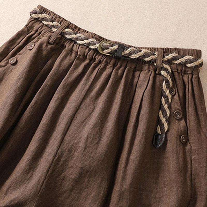 Buddha Stones Casual Jednokolorowe Podwinięte Mankiety Pasek Bawełniano-lniane Damskie Szorty Z Kieszeniami - image 13